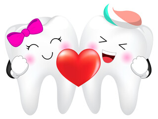 Cute cartoon tooth character, boy and girl holding heart. Happy Valentine's day.  Illustration.