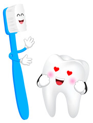 Cute cartoon toothbrush and tooth in love. Dental care concept. Happy valentine's day. Illustration.