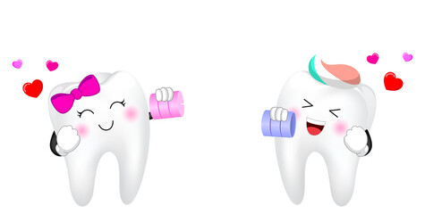 Cute cartoon tooth character, boy and girl talking on the can phone. Love emotion, happy valentine's day. Illustration.