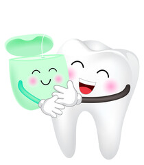 Cute cartoon tooth and dental floss in love. Dental care concept. Happy valentine's day. Illustration.