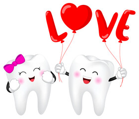 Tooth character with red heart balloon. Couple in love,  Happy Valentine's day concept. Illustration.