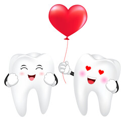 Tooth character with red heart balloon. Couple in love,  Happy Valentine's day concept. Illustration.