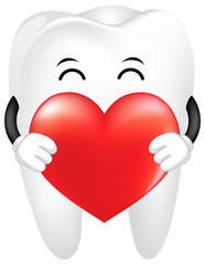 Cute cartoon tooth holding red heart. Dental care concept, illustration.
