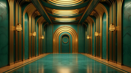 Obraz premium Luxurious Teal and Gold Hallway - Art Deco Style Corridor with Elegant Lamps and Arches Design