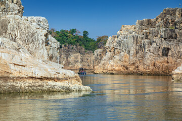 Jabalpur, Madhya Pradesh/India : October 24, 2018 – Dhuandhar waterfall in Narmada river at Bhedaghat, Jabalpur.