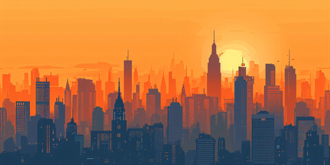 Golden Hour Glory: A Panoramic View of a Majestic City Skyline Bathed in the Warm Glow of Sunset