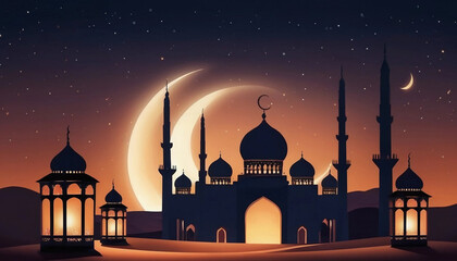 Lanterns-stands-in-the-desert-at-night-sky--lantern-islamic-Mosque--crescent-moon-Ramadan-Kareem-themed-illustration-background