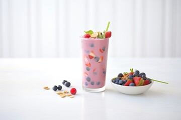 frozen berries beside a creamy smoothie