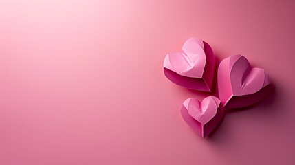 minimalist pink vivid background with two paper little hearts and copy space
