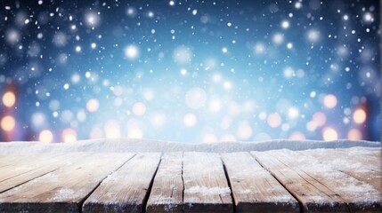 Naklejka na ściany i meble Winter Background - Snowy Table With Christmas Lights In The Night