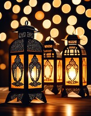 Fototapeta na wymiar Eid al-Fitr Lamps or Lanterns Hanging in Eid al-Fitr Celebration Eve for Eid Al-fitr Background