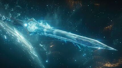 Sword, a blade forged from rare materials not of this world, futuristic weapon - cosmic energy resonating within the blade.