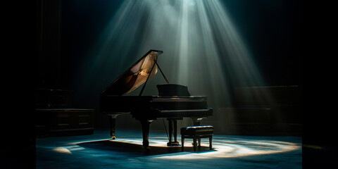 An old grand piano in the middle of the stage illuminated with a powerful spotlight