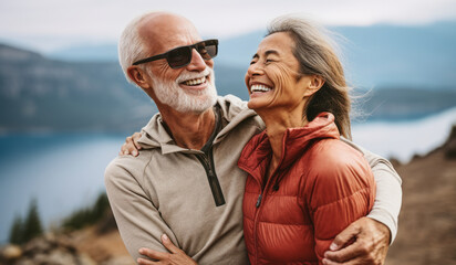 Endless Love: Senior Mixed-Race Couple Hiking Over a Scenic Lake View - obrazy, fototapety, plakaty