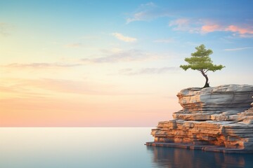 lone tree on cliff edge with ocean horizon at sunset