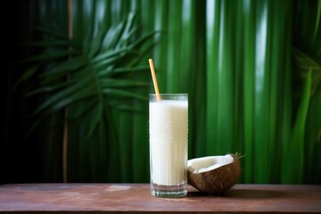 tall chilled glass surrounded by coconut palm leaves