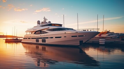 A modern, white yacht near the pier at sunset, side view. Travel and vacation