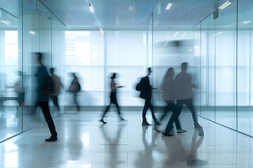Photo of a large number of office workers running around the office. The high pace of work in the office is conveyed through the blur effect and long exposure.