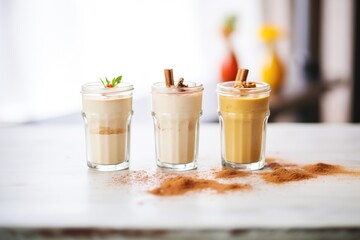 trio of mini coffee shakes, different flavors, in shot glasses - obrazy, fototapety, plakaty