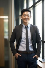 Fototapeta premium Portrait of smiling Asian businessman standing with hands in pockets at office