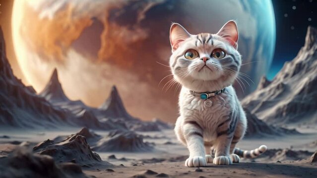 Lonely brave cat walks on the moon, space cat