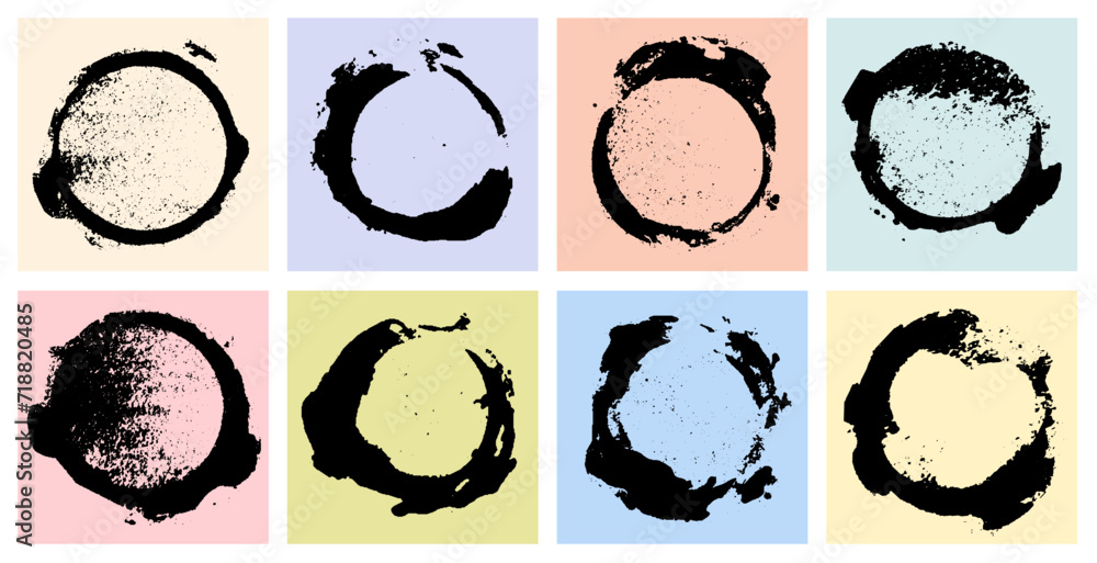 Poster grunge style bold circles and dots. black brush drawn round uneven shapes. colorful collage simple e