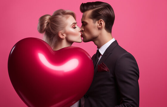 young couple kissing against pink background with a red heart balloon