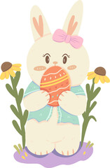 Cute Bunny Holding an Egg with Flower for Easter element Decoration for Card 