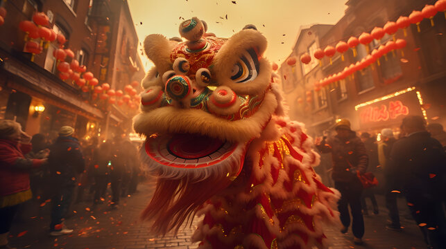 Pictures of Chinese New Year celebrations In Chinatown, there are lion dances for good fortune.