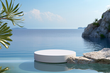 Fototapeta na wymiar Cosmetic Display Product Stand on White Stone Podium on Water Background