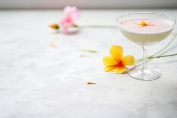 classic cosmo with a flower petal garnish, soft texture, pastel color palette