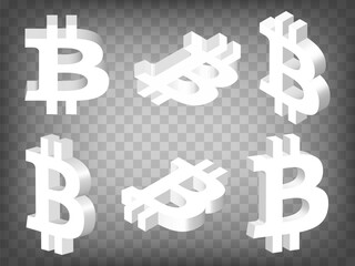 Set of perspective projections 3d Bitcoin Sign model icons on transparent background.  High detailed 3d sign of Bitcoin. BTC. Abstract concept of graphic elements for your design. EPS 10