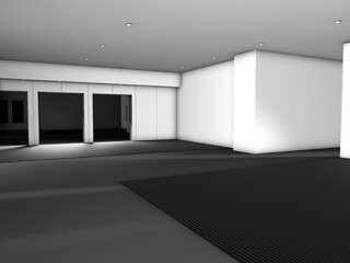 An elegant empty room in the style of a luxurious loft with white walls and marble floors. To be used as a background for presentations and product design. Interesting light reflections. 3D, rendering