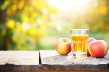 glass of cider with apple orchard background