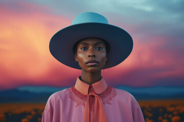 Elegant woman in a pink blouse and wide-brimmed hat against a vibrant sunset with a field of flowers in the background, exuding grace and serenity.