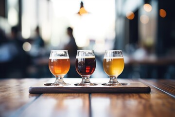 closeup of a beer flight with assorted ales on a table