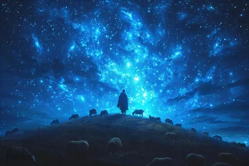 Fotobehang A Shepherd's Night Sky: A Celestial Gathering of Sheep and the Shepherd Generative AI © graphic