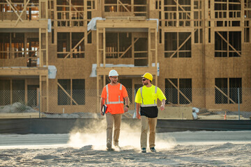 Builders working. Two builders in a hard hat is busy working on a construction project at a site. A...