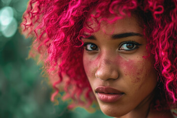 Captivating young woman with pink hair and a gaze full of intensity, set against a soft, green bokeh background.
