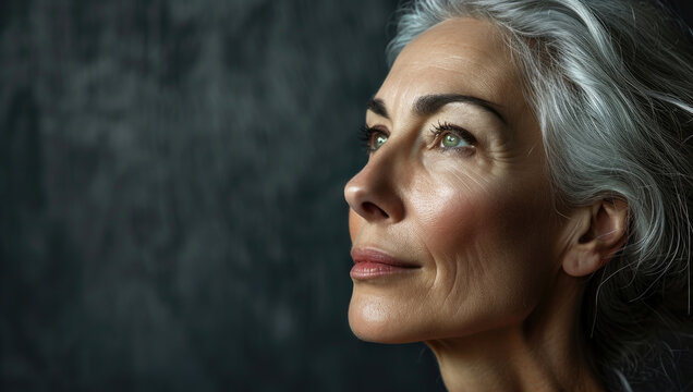 Portrait of a mature woman with silver hair, gazing upwards with hope, her face illuminated softly, embodying wisdom and elegance.