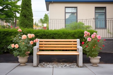 Fototapeta na wymiar stone garden bench with rose bushes