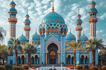 Mosque Marvel: A Blue and Gold Treasure in the Desert Generative AI - obrazy, fototapety, plakaty