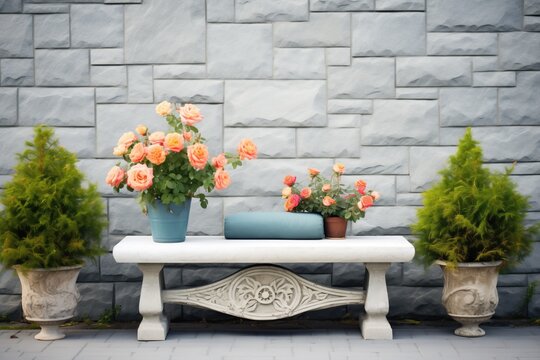 stone garden bench with rose bushes