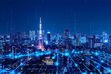 日本の都市とネットワークのイメージ（テクノロジー・データ通信・スマートシティ・ビッグデータ）