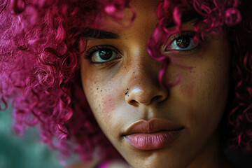 Obraz premium Thoughtful young woman with pink curly hair and freckles, her eyes holding a gaze that is both strong and vulnerable.