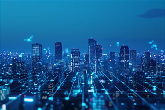 日本の都市とネットワークのイメージ(テクノロジー・データ通信・スマートシティ・ビッグデータ)