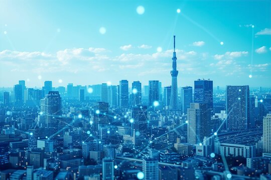 日本の都市とネットワークのイメージ(テクノロジー・データ通信・スマートシティ・ビッグデータ) - Powered by Adobe