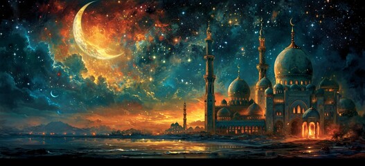 Arabian Nights: A Dreamy Nighttime Scene with a Majestic Mosque and a Stunning Starry Sky Generative AI - obrazy, fototapety, plakaty