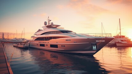 A modern, white yacht near the pier at sunset, side view. Travel and vacation