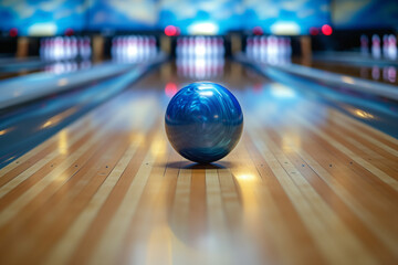 bowling ball and pins on the table. Vibrant neon-lit bowling balls on a polished lane at a modern bowling alley. Bowling alley or lane with modern neon and LED lighting indoor. Bowling is a game 